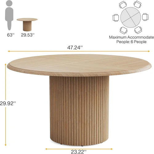 47" Round Conference Table with Fluted Metal Base, Meeting Table for 4–6 People, Modern Office Desk Light Brown