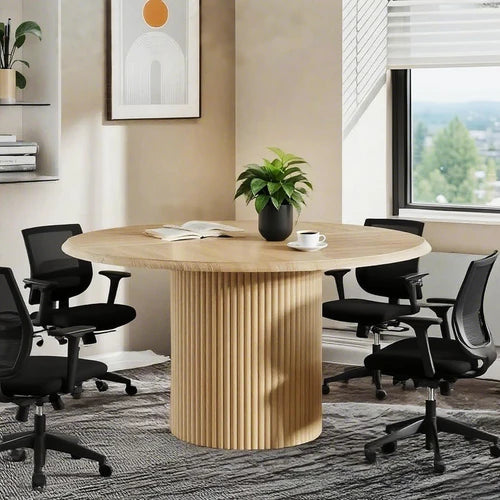 47" Round Conference Table with Fluted Metal Base, Meeting Table for 4–6 People, Modern Office Desk Light Brown