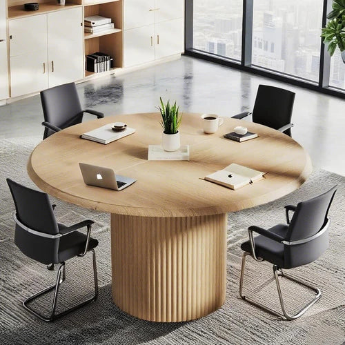 47" Round Conference Table with Fluted Metal Base, Meeting Table for 4–6 People, Modern Office Desk Light Brown