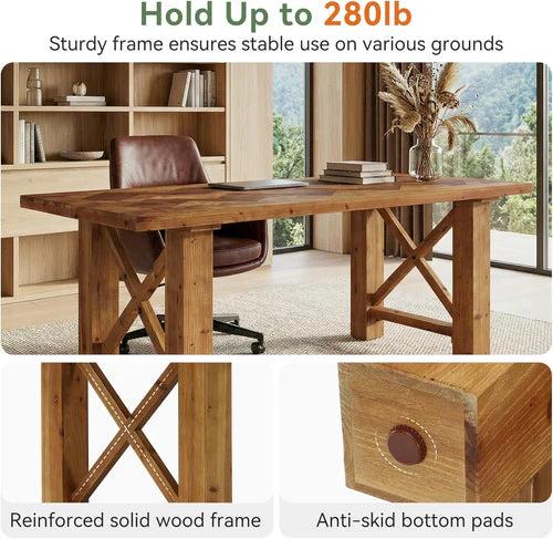Computer Desk 63" Solid Wood Herringbone Parquet Top Executive Office Desk Brown