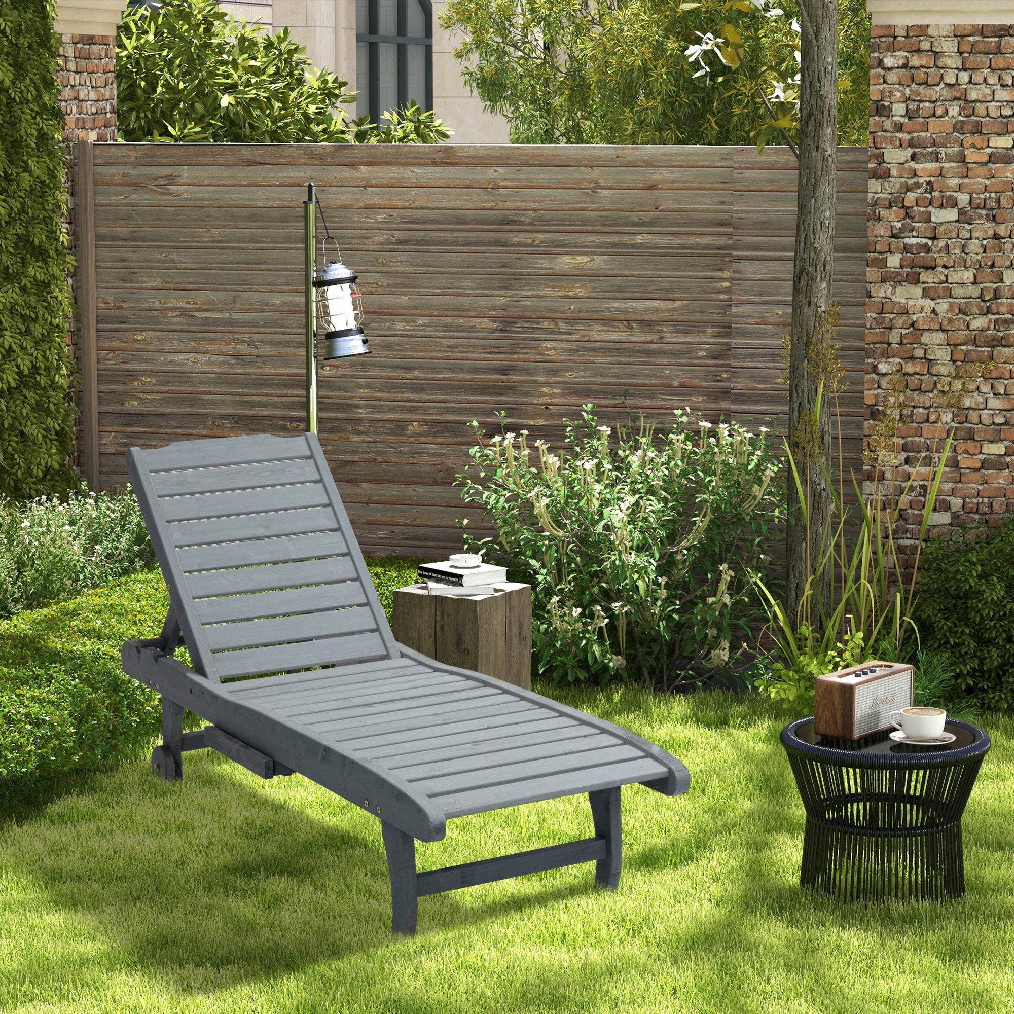 Outsunny Outdoor Patio Adjustable Chaise Lounge Chair Recliner with Pull-out Tray and 2 Wheels 