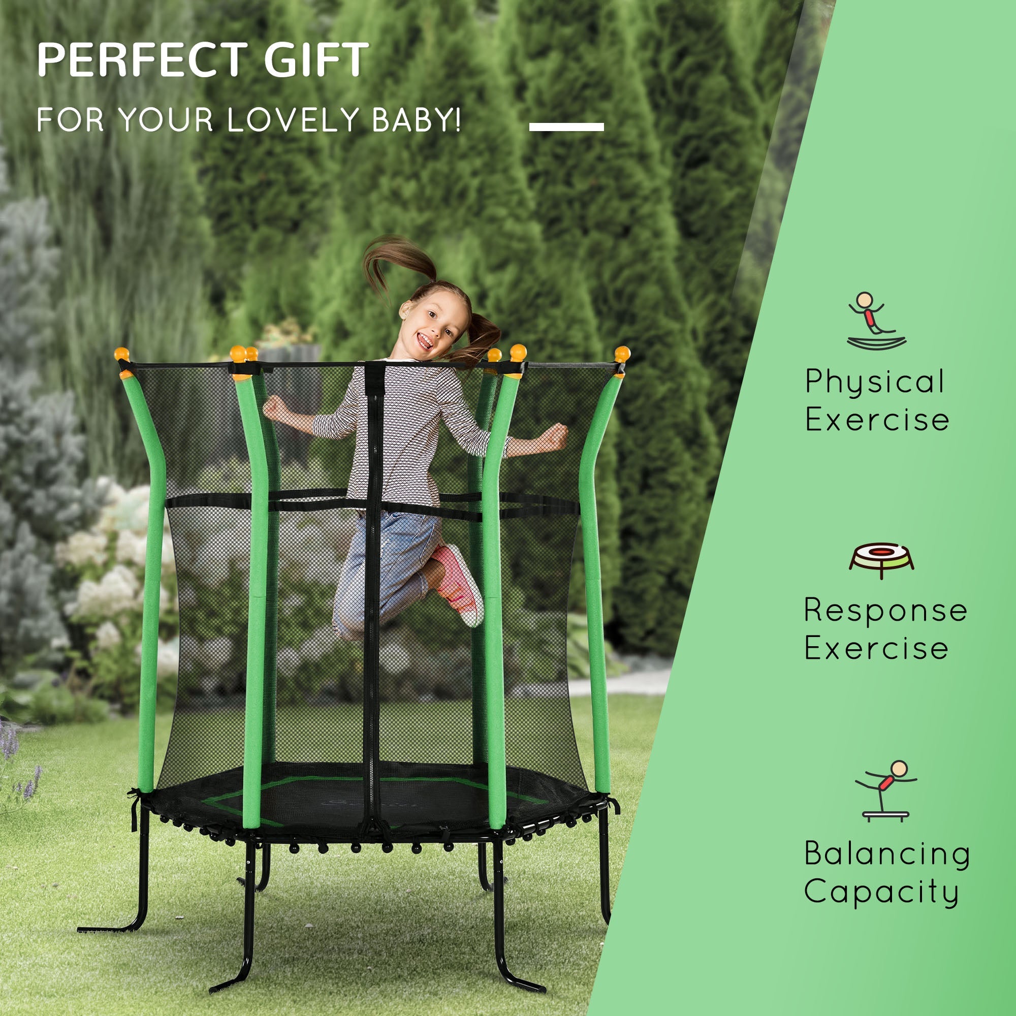 Soozier 64" Kids Trampoline Indoor/Outdoo with Enclosure Net Elastic Thick Padded Pole Gift for Ages 3-10 Years Old Green 