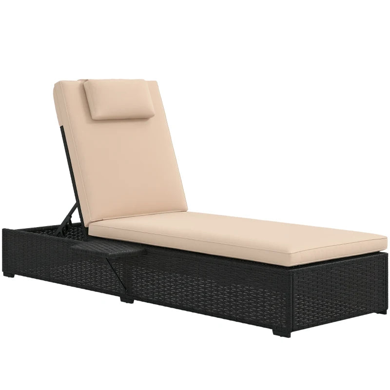 Outdoor Patio Lounger with Cushion, 5-Level Reclining Wicker Chaise Lounge Chair with Tea Tray, for Poolside, Patio, Deck, 264lb Weight Capacity, Beige