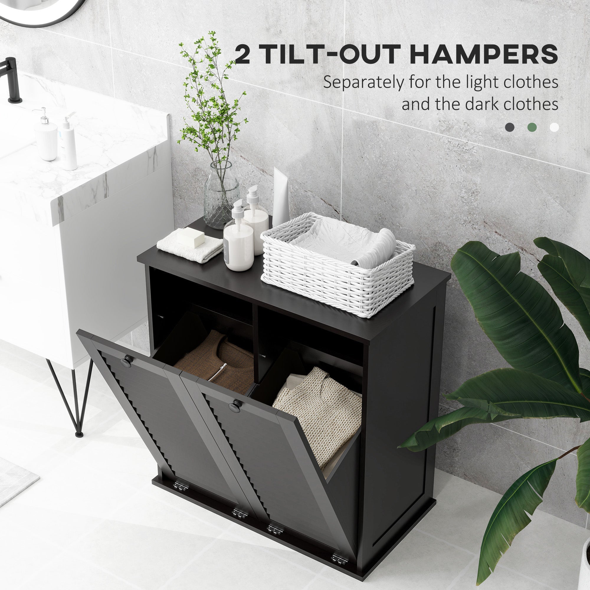HOMCOM Tilt Out Laundry Cabinet, Laundry Basket Cabinet with 2 Baskets and 2 Louvered Doors, Black 