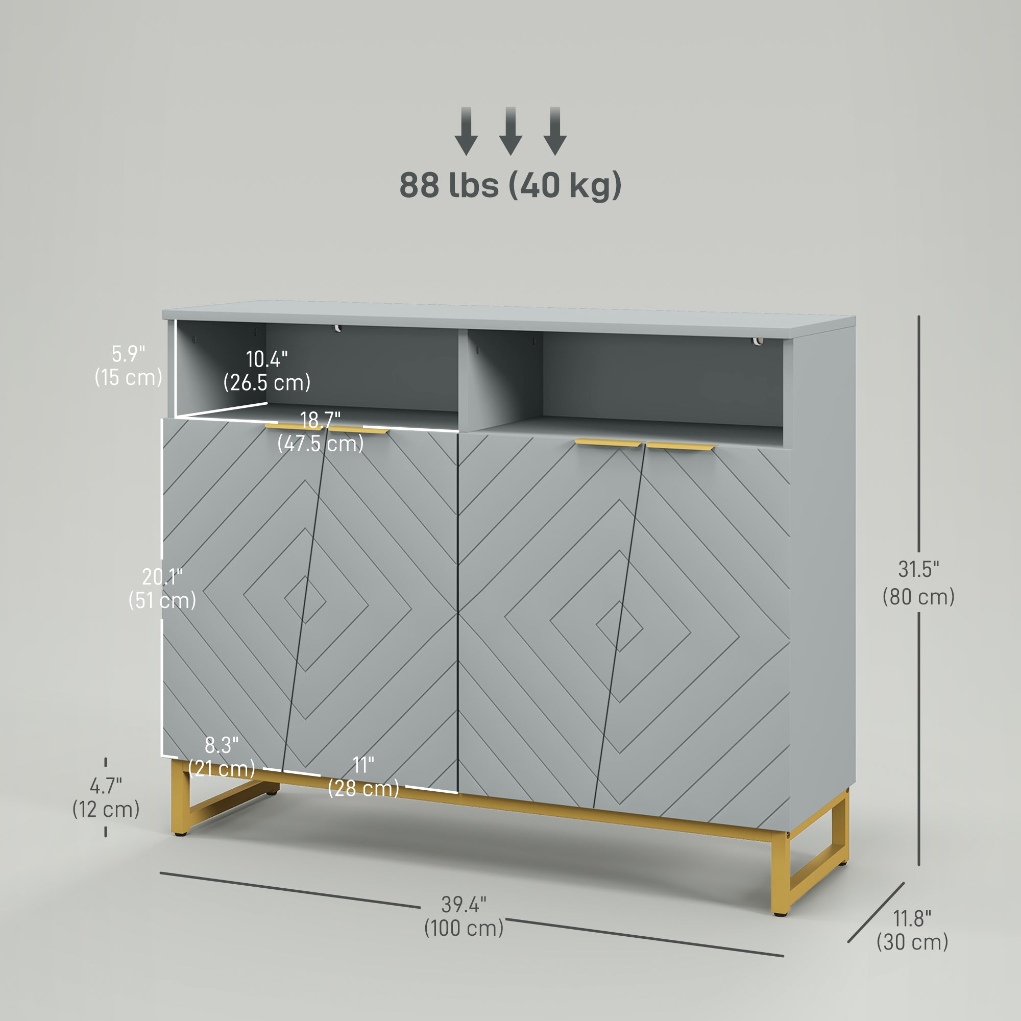 HOMCOM Grey Metal Base Accent Cabinet: Sideboard Bar Cabinet with 4 Doors and Adjustable Shelves for Living Room, Hallway 