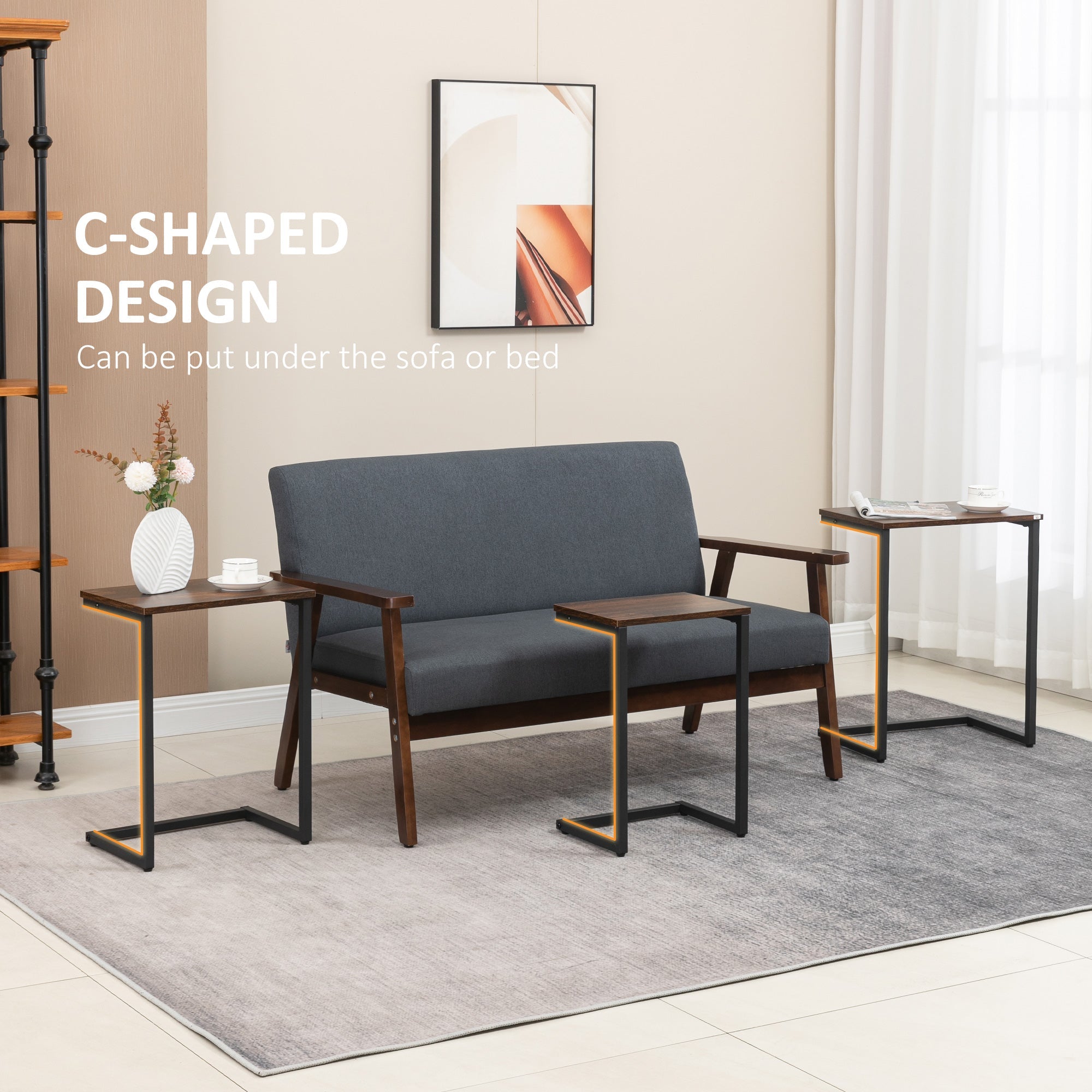 HOMCOM Rustic Nesting Tables: Set of 3 C-Shaped Snack Side Tables with Steel Frame for Sofa, Couch and Bed, Vintage Brown 