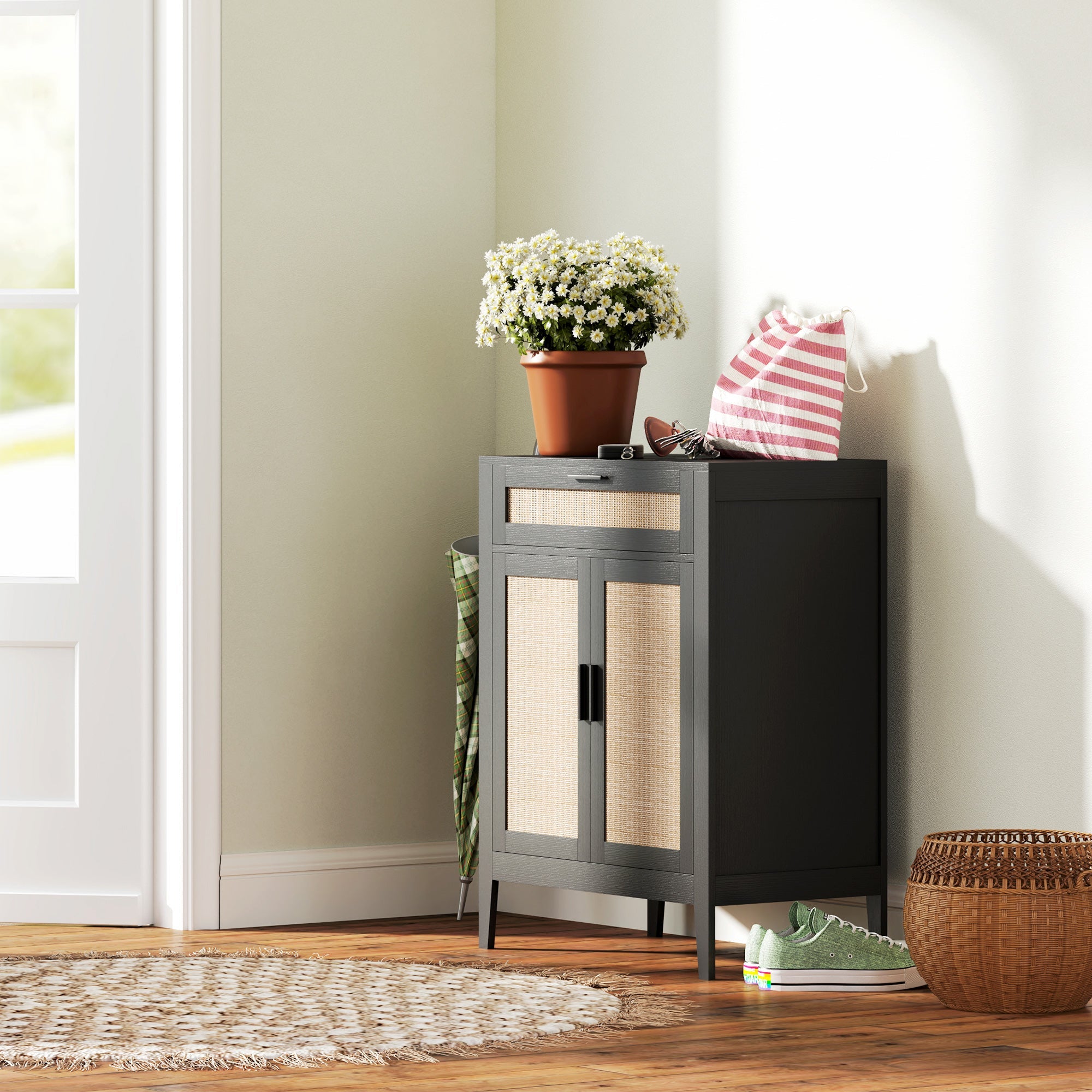 HOMCOM Kitchen Buffet Cabinet Boho Storage Cabinet 2 Rattan Decorated Doors Drawer Dining Room Black 