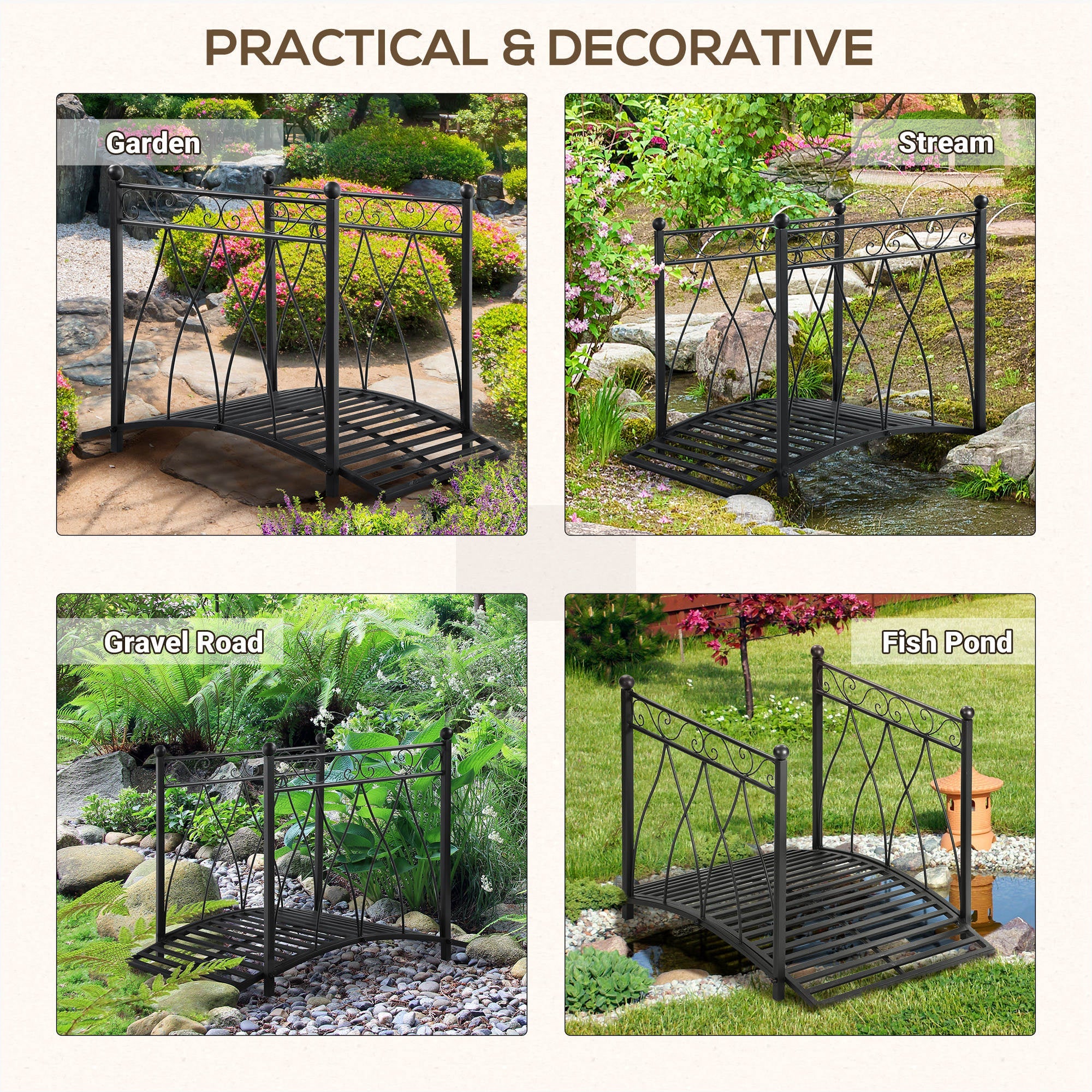 Outsunny 3.3FT Classic Wooden Garden Bridge with Safety Railings Decorative Arc Footbridge for Backyard Creek Stream Black 