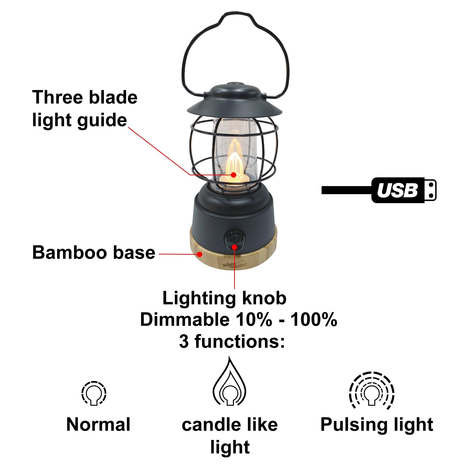 LUMIERE AU LED LANTERNE RECHARGEABLE POUR MAISON ET CAMPING WHITE MOUNTAIN 