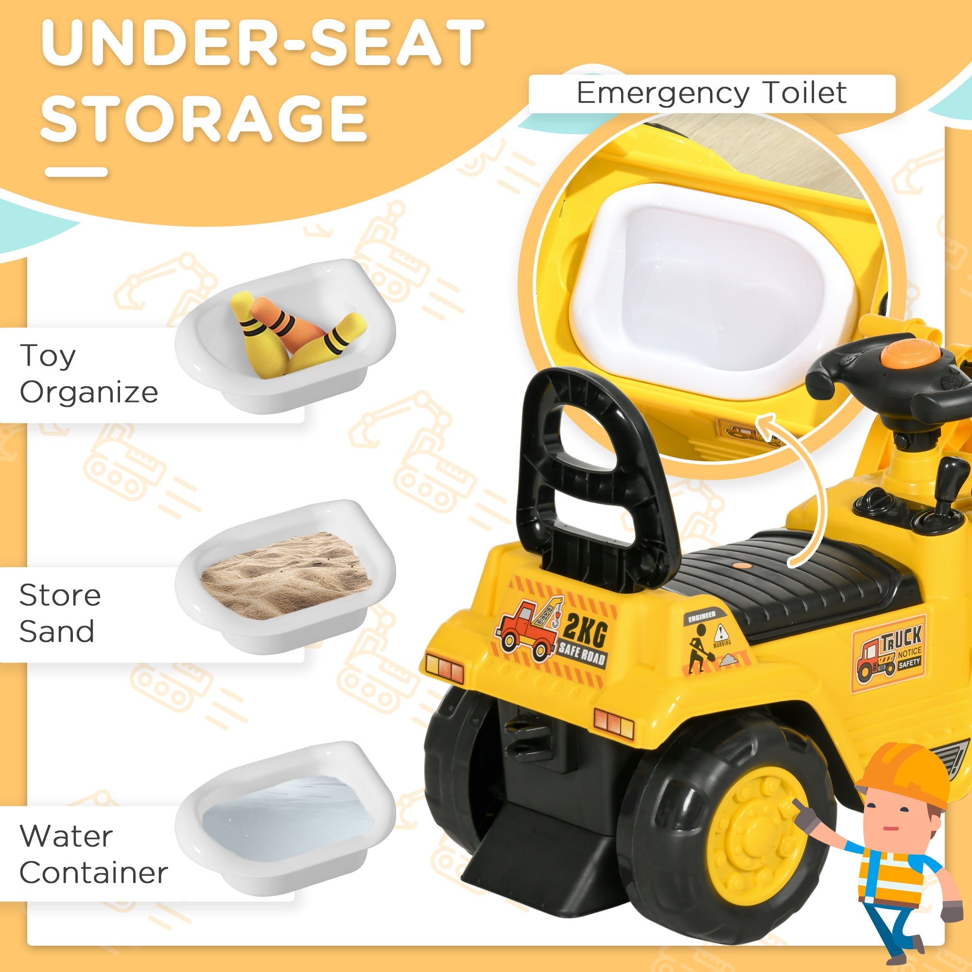 HOMCOM Kids Ride-On Bulldozer Toy with Excavator Bucket Horn Steering Wheel Under Seat Storage for Toddlers Yellow 