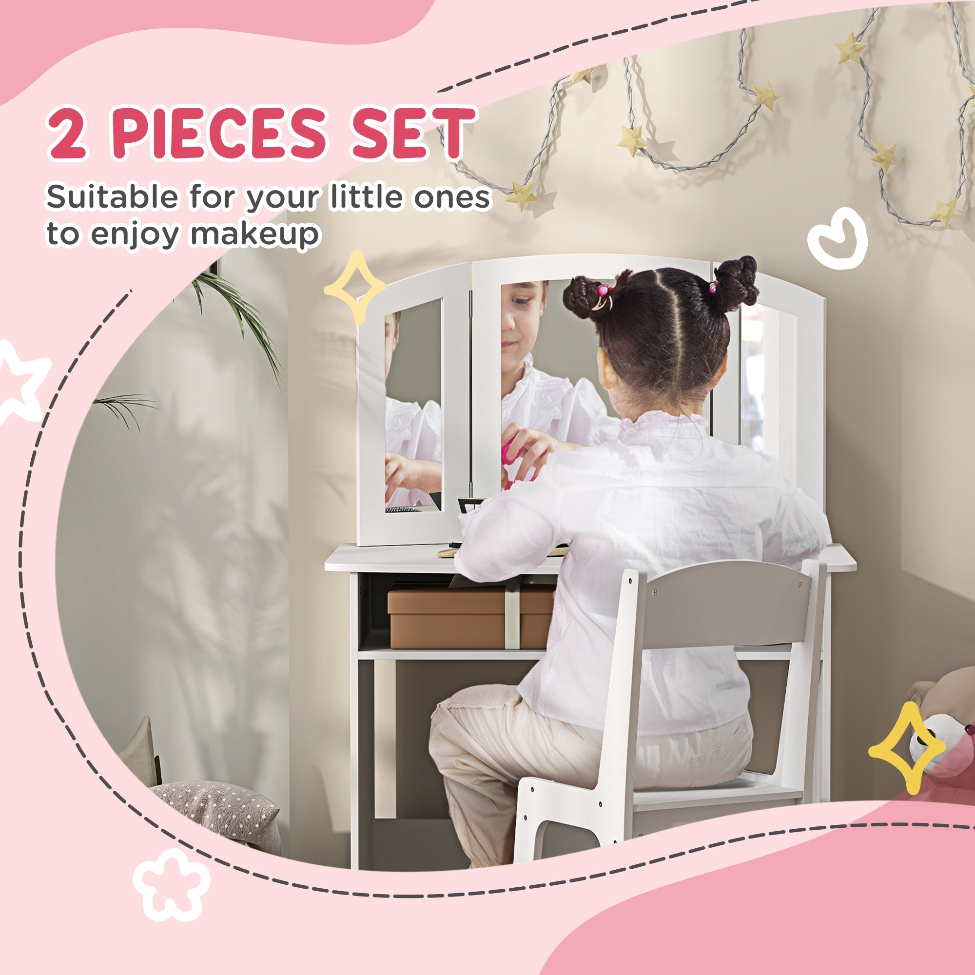 Qaba 2 in 1 Kids Vanity Set Makeup Dressing Table Pretend Play Set with Tri-Folding Mirror, Stool, Storage Shelf 