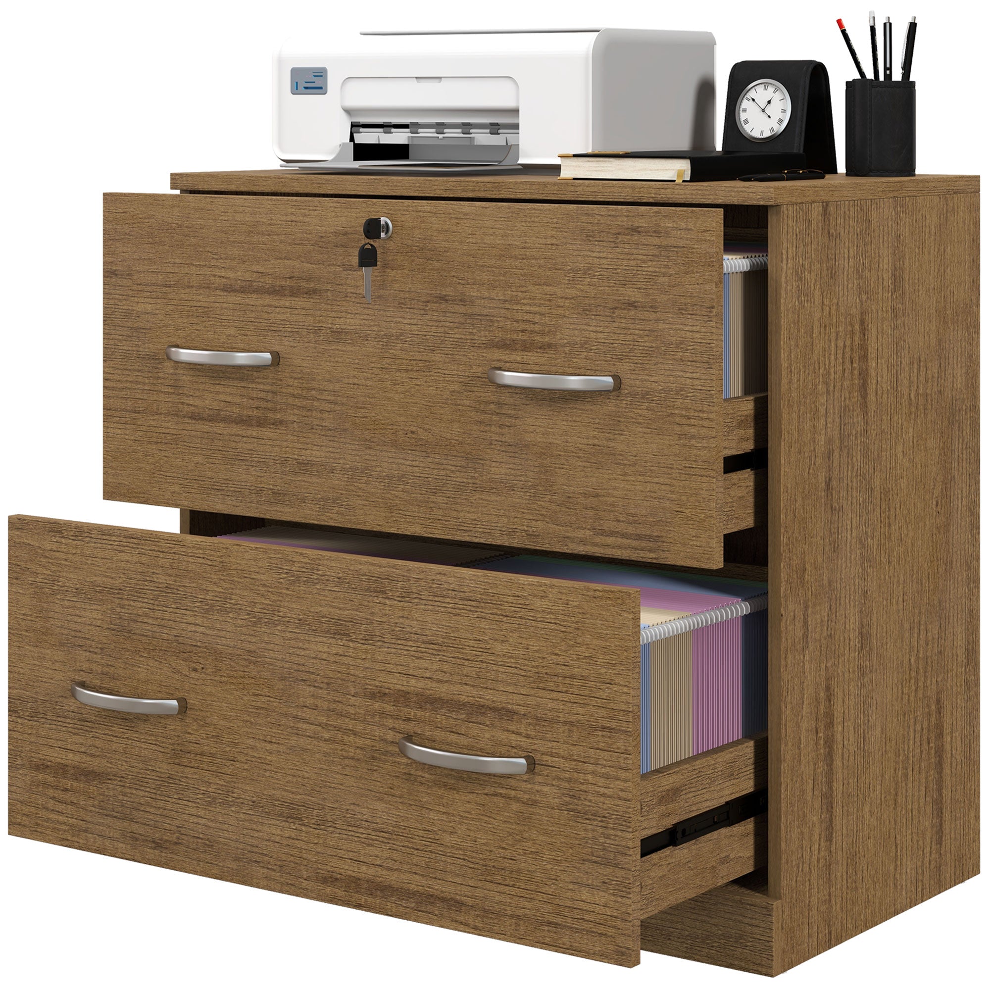 Vinsetto 2 Drawer File Cabinet with Lock, Office Filing Cabinet, Hanging Bar for Letter Size, Home Office, Light Brown 