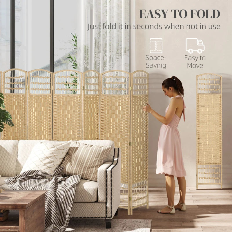 8 Panel Folding Room Divider, Portable Privacy Screen, Wave Fiber Room Partition for Home Office, Natural