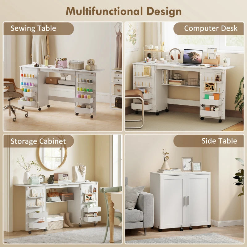 Folding Craft Table, Rolling Sewing Machine Table with Magnetic Doors, Bins, Pegs, Storage Shelf, Lockable Wheels, White