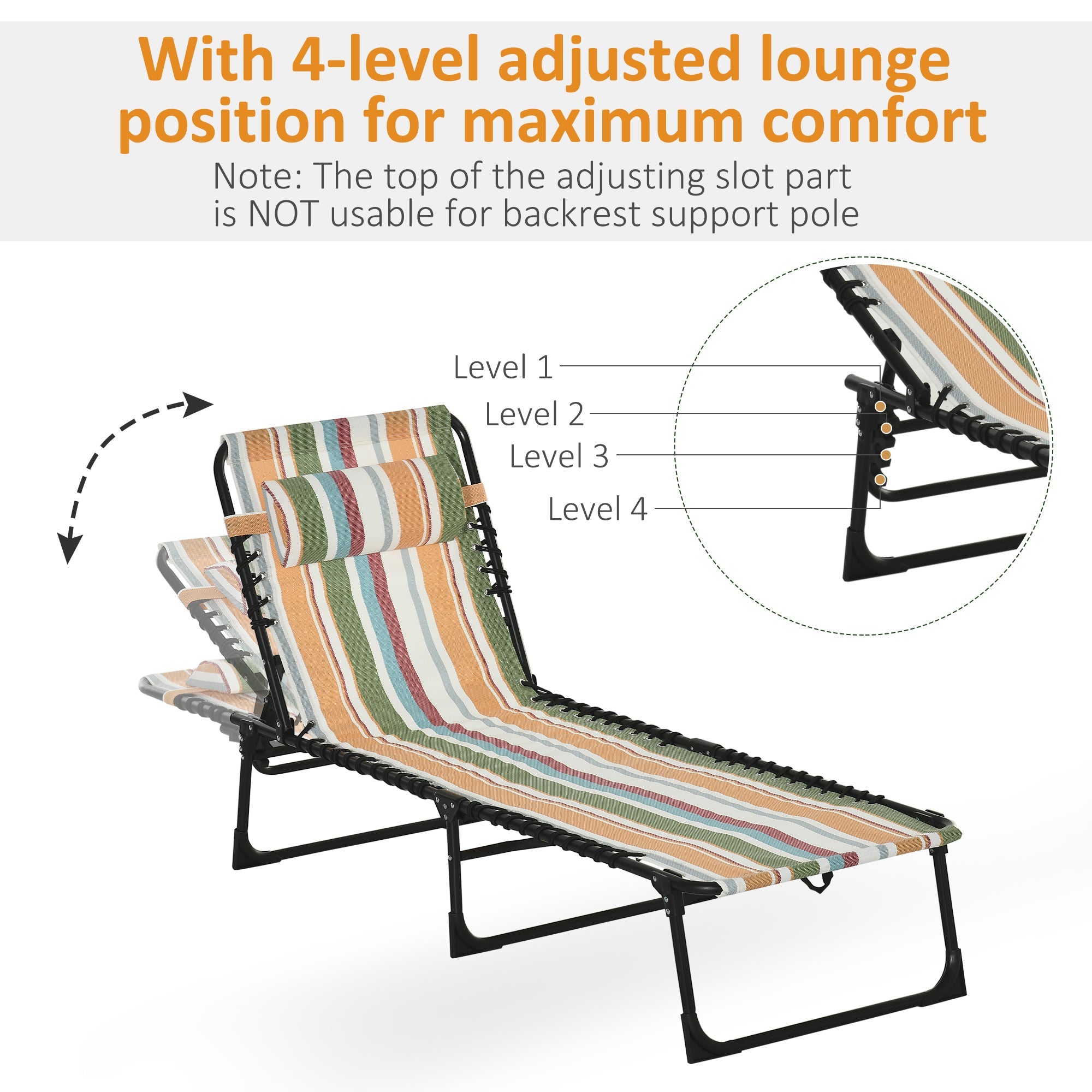Outsunny Portable Folding Beach Bed 4-Level Adjustable Recliner Lounger Cot Multicolored Lightweight for Camping 