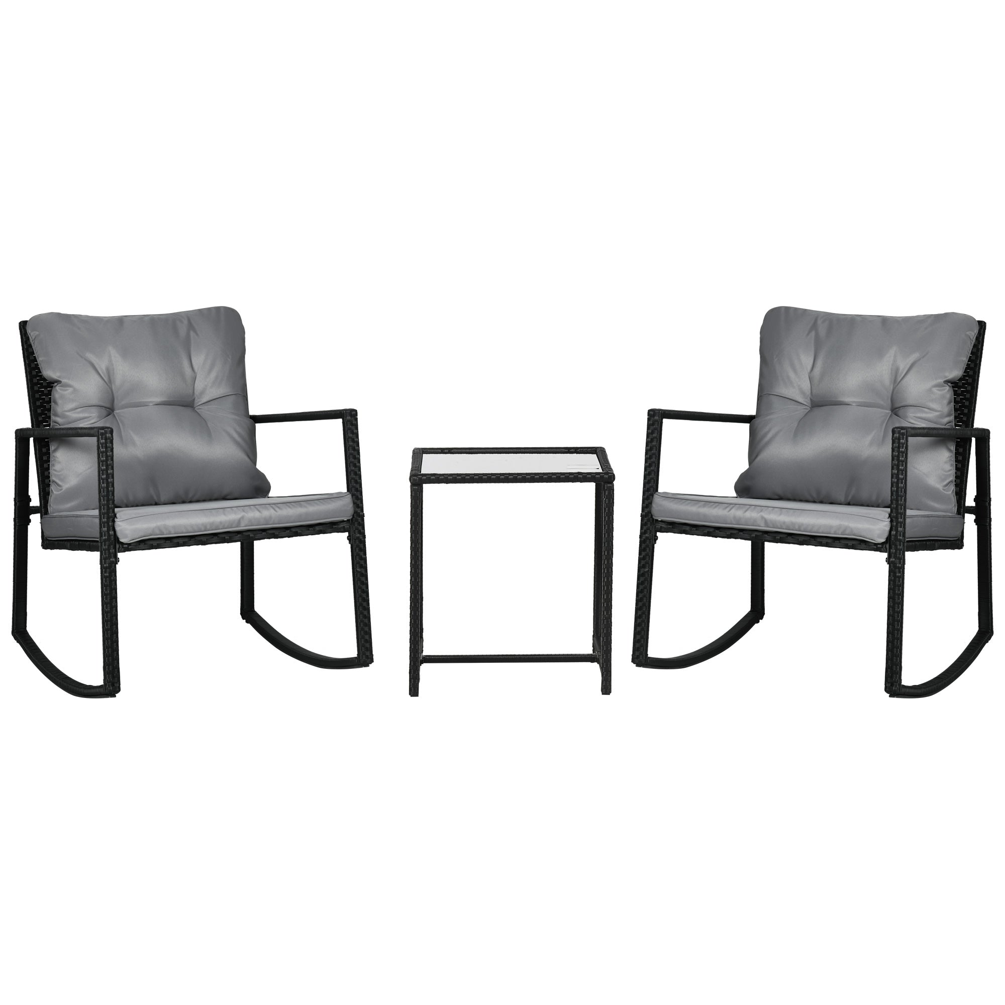 Outsunny 3-Piece Rocking Bistro Set, Wicker Outdoor Furniture with Glass Coffee Table, Rocking Chairs for Porch & Lawn 