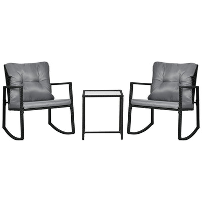 Outsunny 3-Piece Rocking Bistro Set, Wicker Outdoor Furniture with Glass Coffee Table, Rocking Chairs for Porch & Lawn 