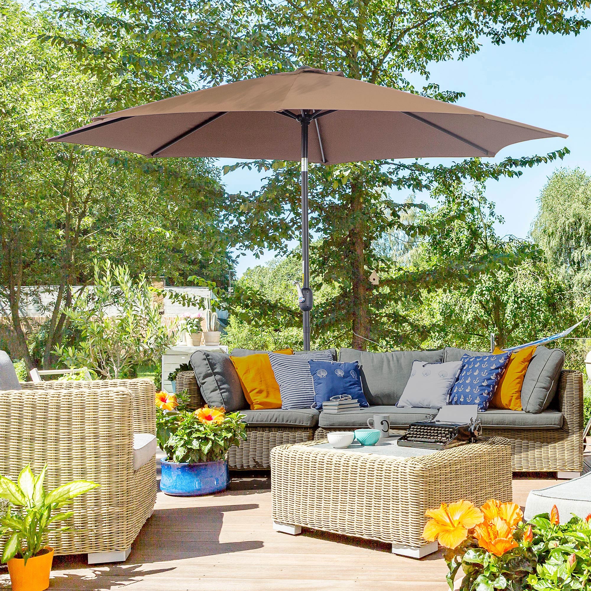 Outsunny Steel Frame Patio Parasol: 10'x 8' Round Market Garden Canopy for Outdoor, Coffee 