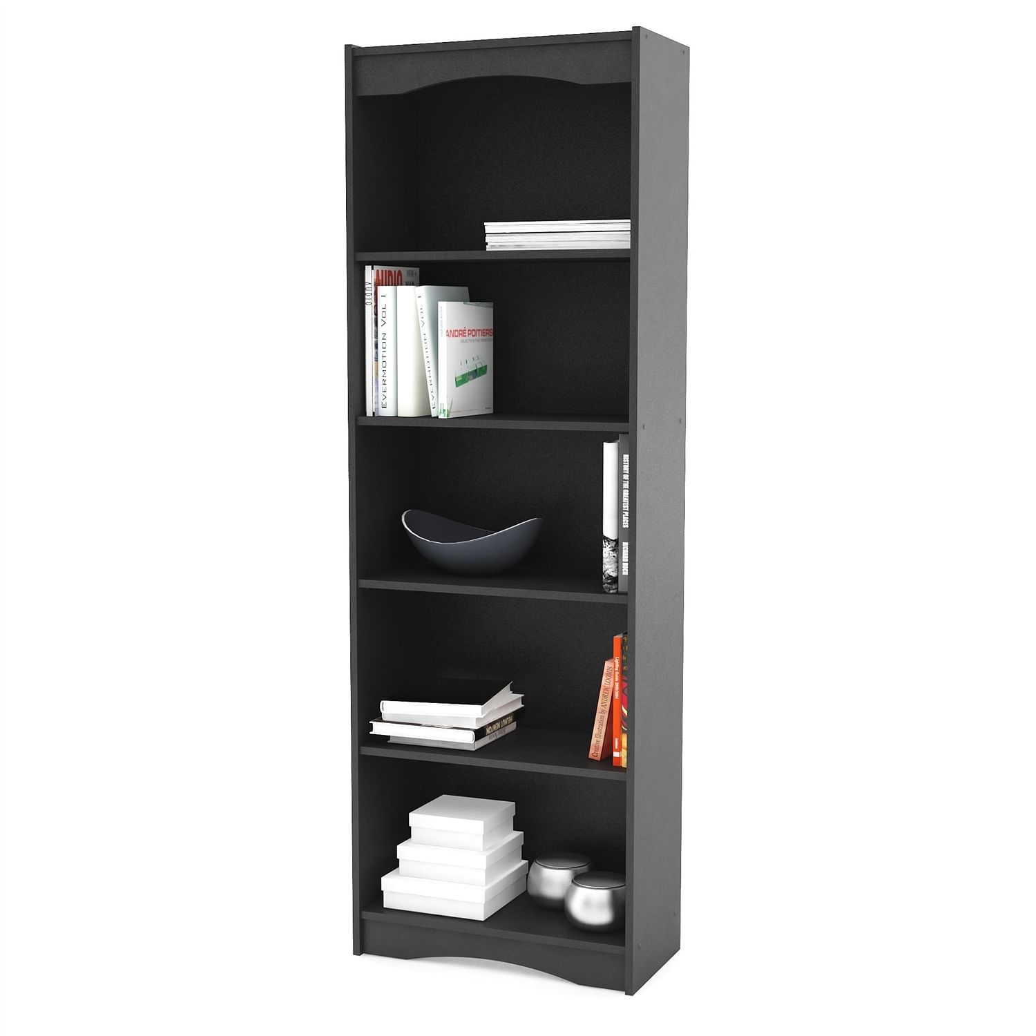 Contemporary Black Bookcase with 5 Shelves and Curved Accents - Free Shipping