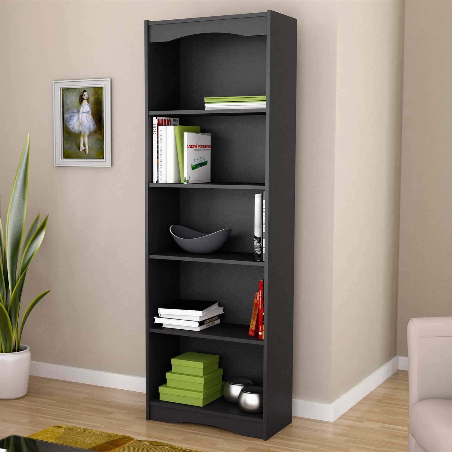 Contemporary Black Bookcase with 5 Shelves and Curved Accents - Free Shipping