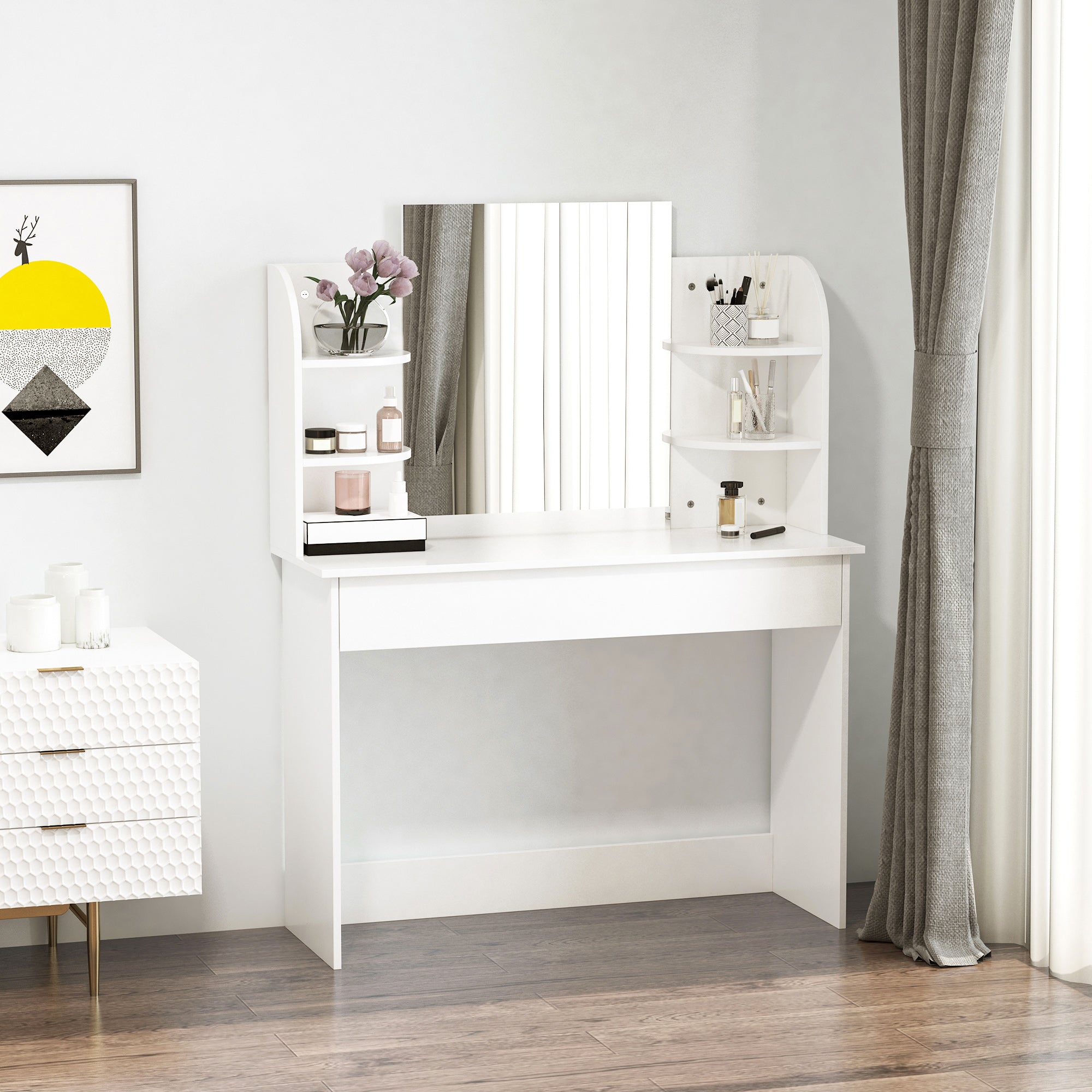 HOMCOM Dressing Table Vanity Set with Makeup Mirror Large Drawers Open Shelf for Bedroom White 