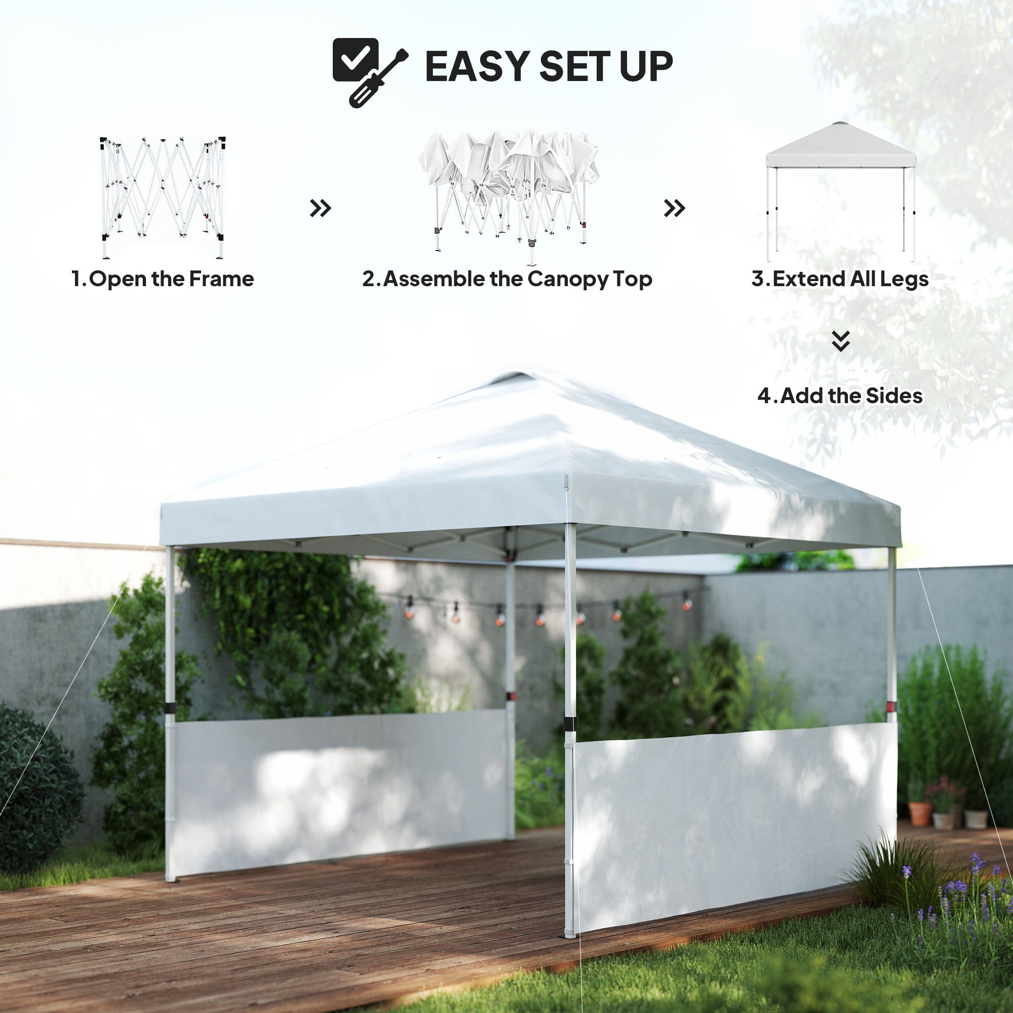Outsunny 10' x 10' Pop Up Canopy Tent with 2 Half Sidewalls, UV50+ Height Adjustable Instant Sun Shelter, White 