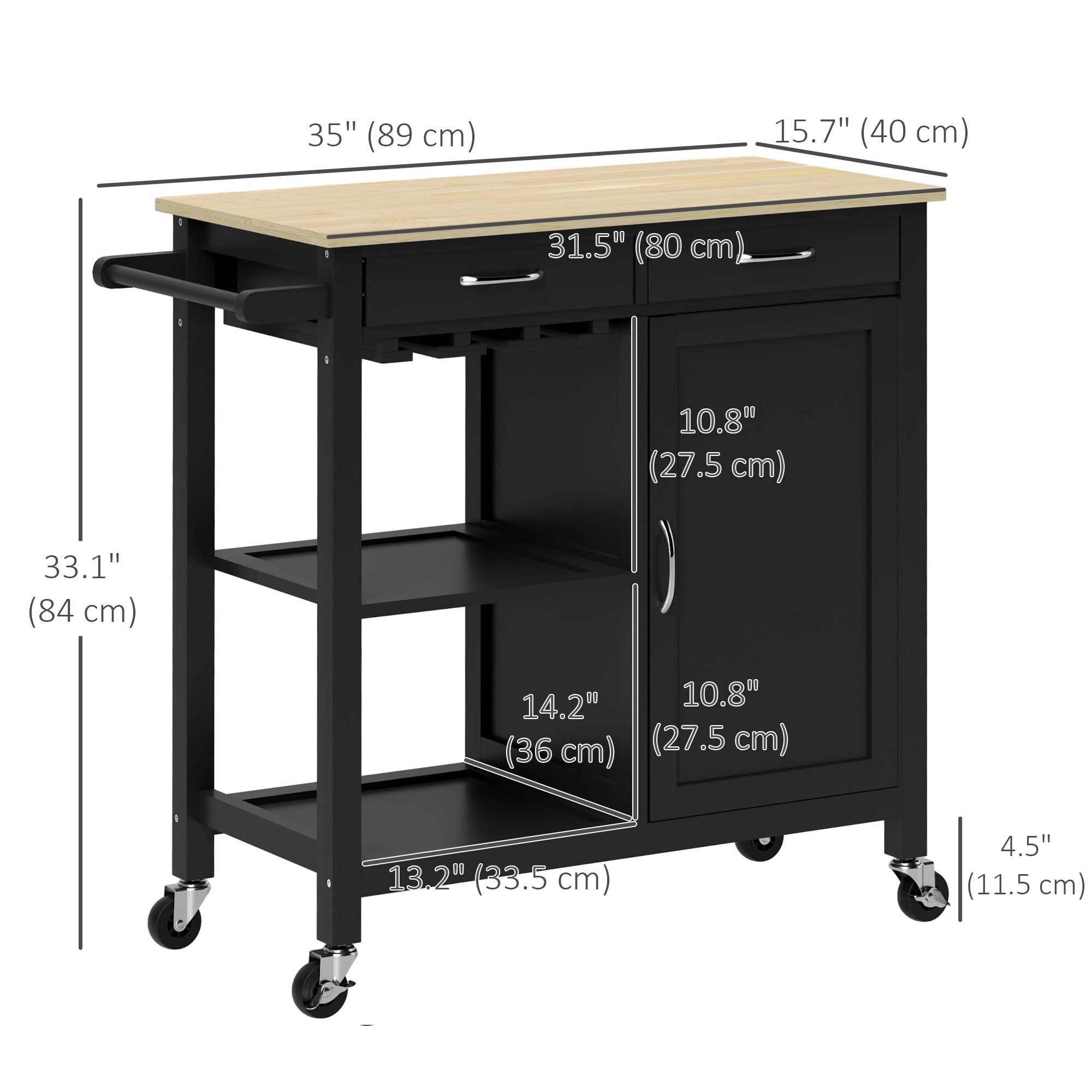 HOMCOM Kitchen Storage Trolley Cart Serving Cart 2 Drawers Wine Glass Rack Towel Rail 