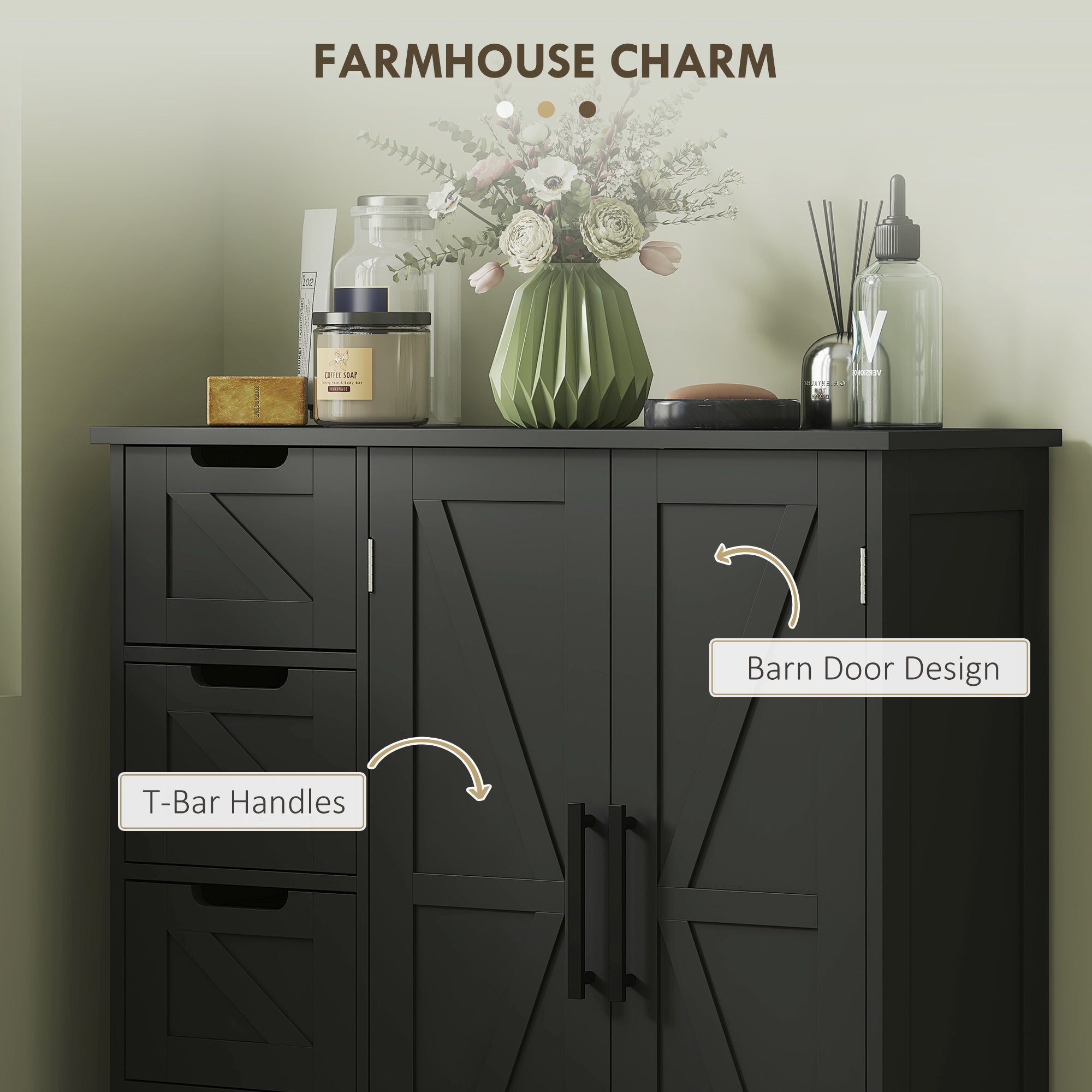 HOMCOM Bathroom Floor Cabinet, Farmhouse Bathroom Storage Cabinet with Adjustable Shelf, Black 