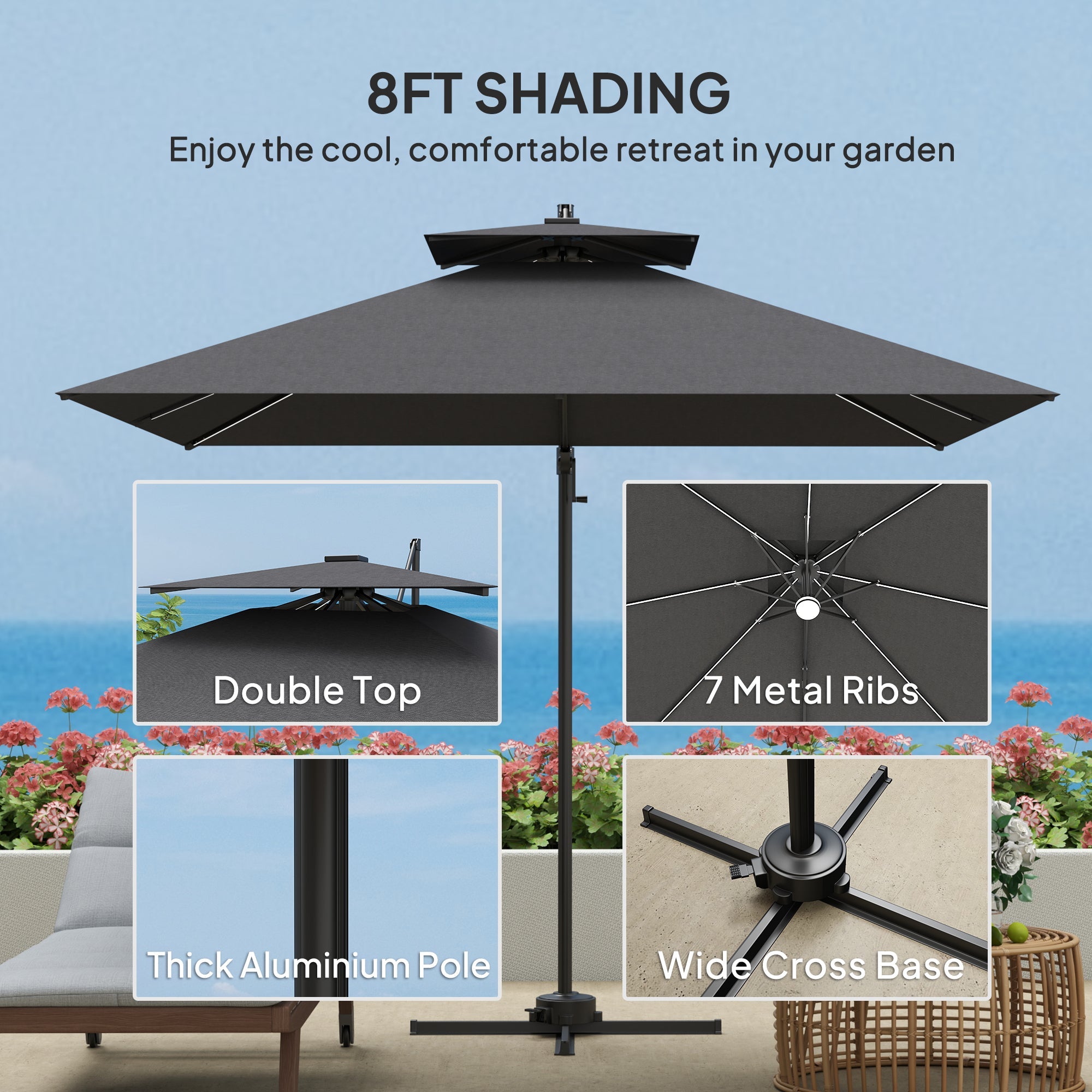 Outsunny 8' Cantilever Patio Umbrella with LED Lights, 360°Rotation, Tilt & Height Adjustment, Crank, Cross Base, Dark Grey 