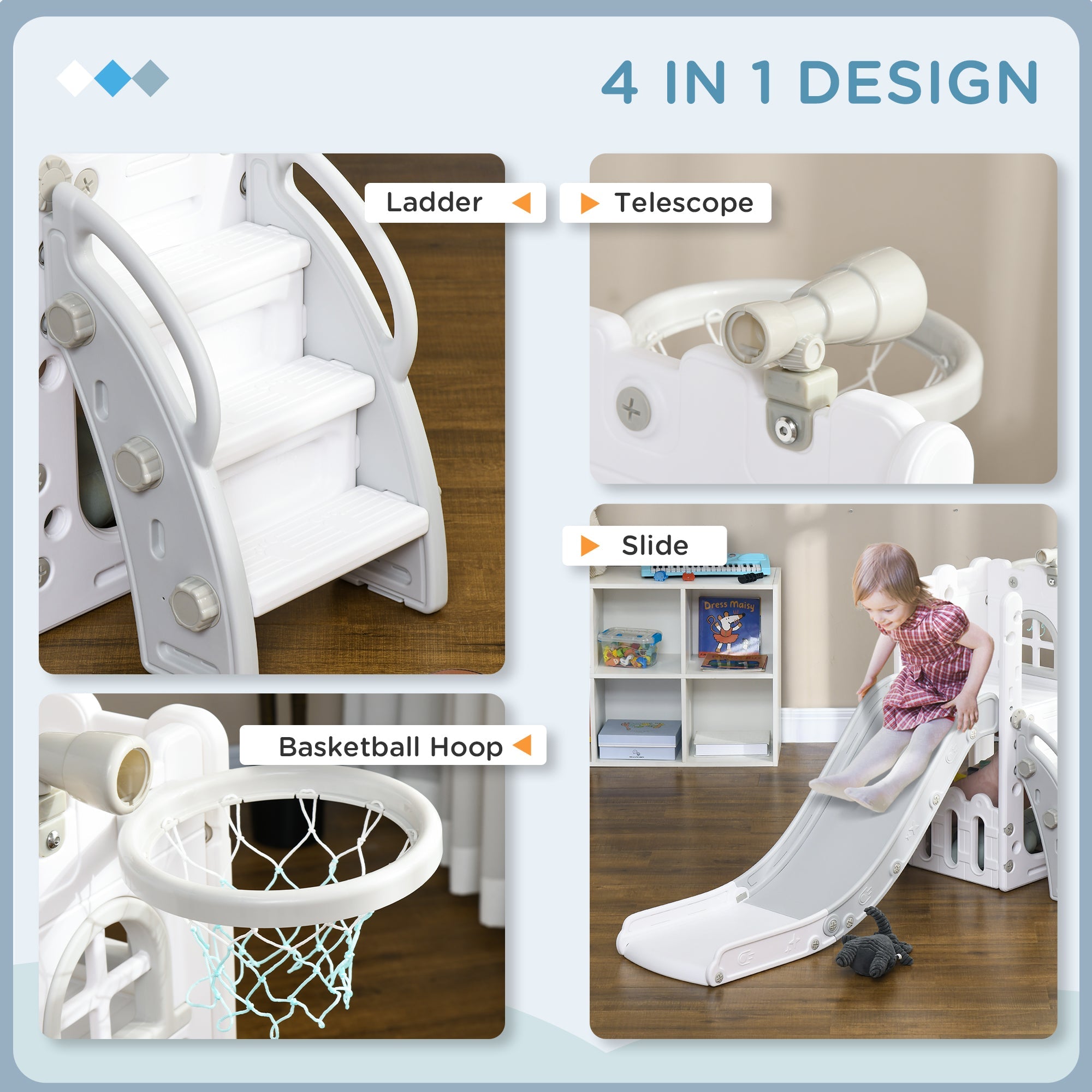 Qaba 4 in 1 Toddler Slide with Basketball Hoop, Climber, Telescope, Storage Basket, for 1-3 Years Kids Indoor Use, Grey 