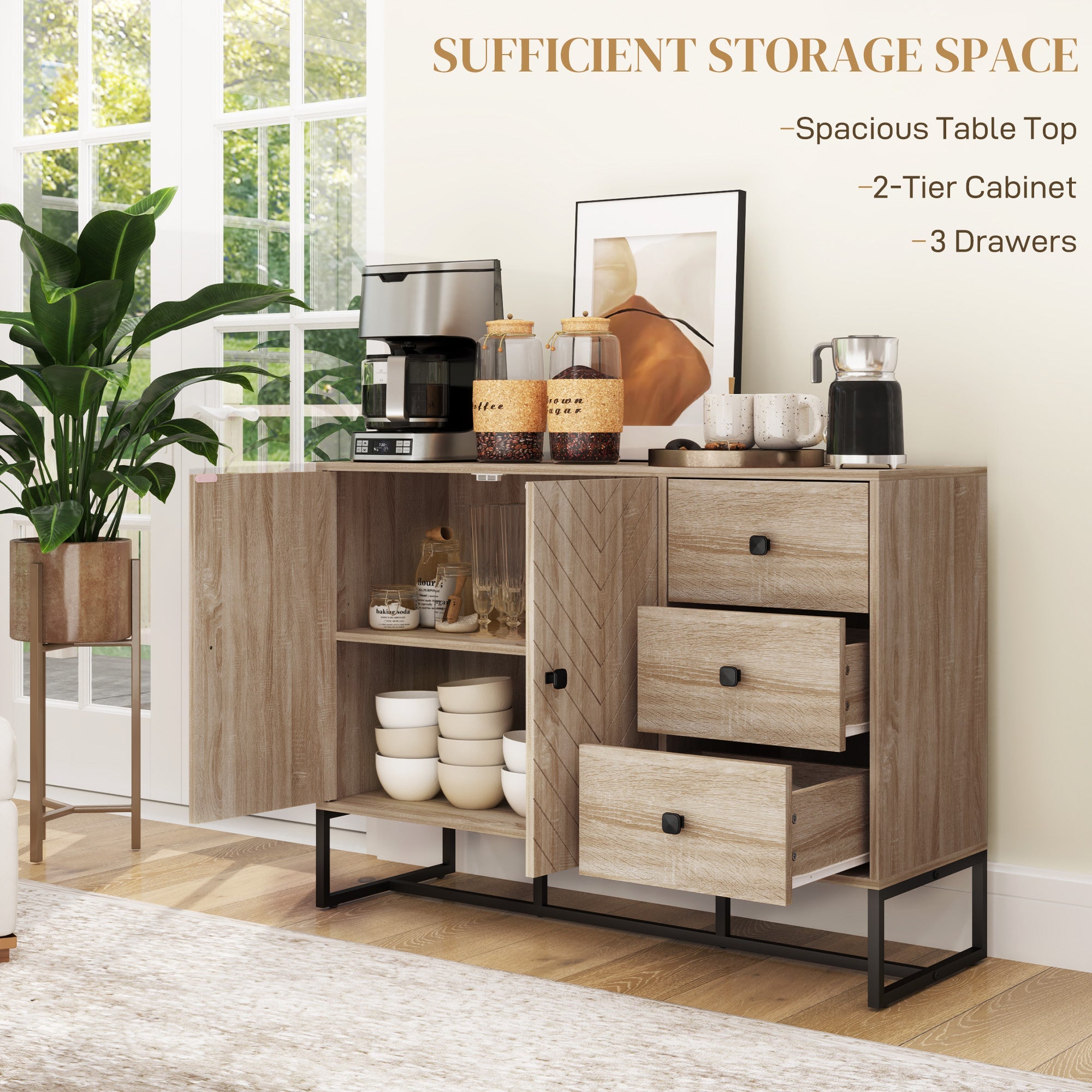 HOMCOM Modern Sideboard, 42.5" Buffet Cabinet with Adjustable Shelves and 3 Drawers, Coffee Bar Cabinet with 2 Doors, Oak 