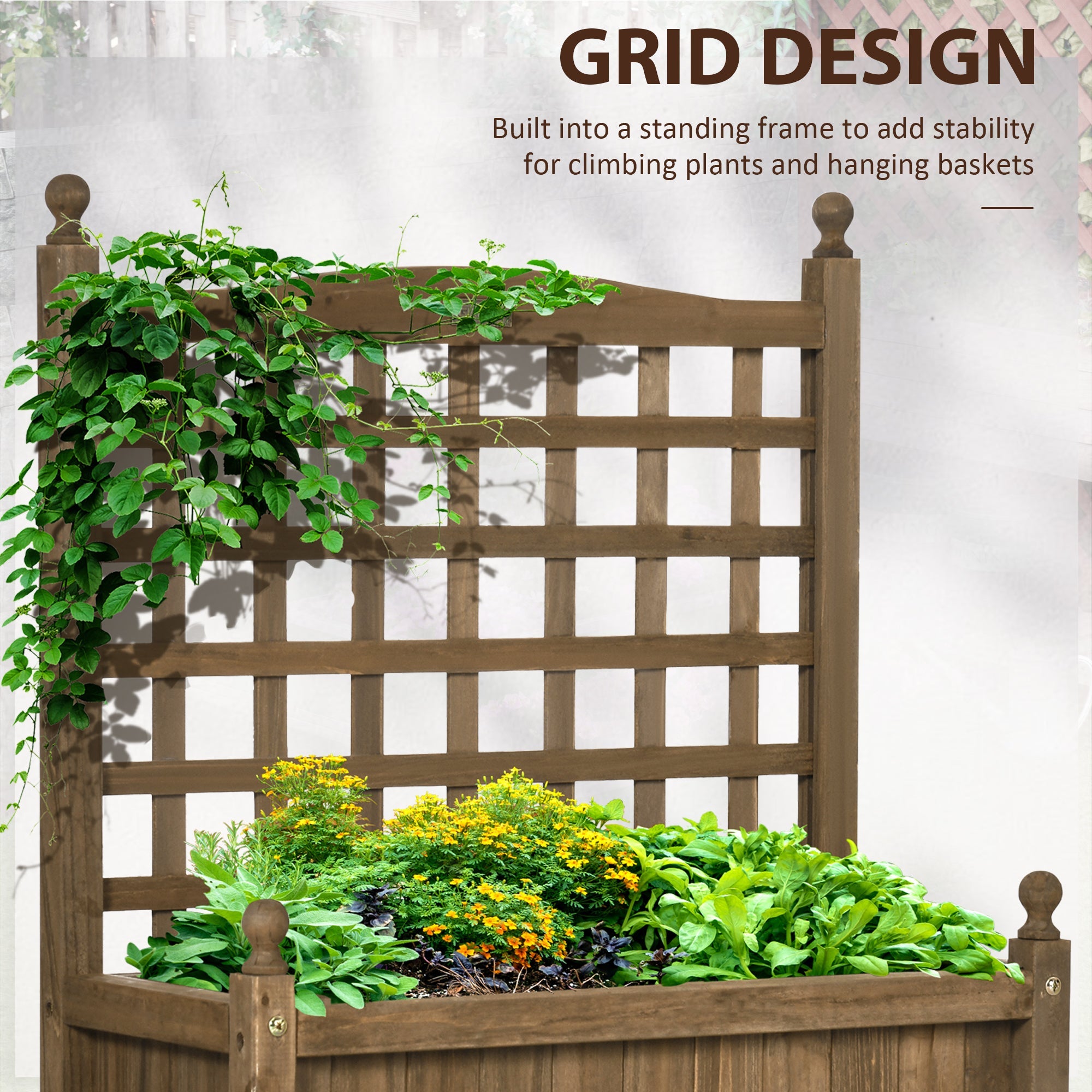 Outsunny Garden Planter with Trellis Wood Raised Bed for Climbing Plants Indoor Outdoor Coffee 