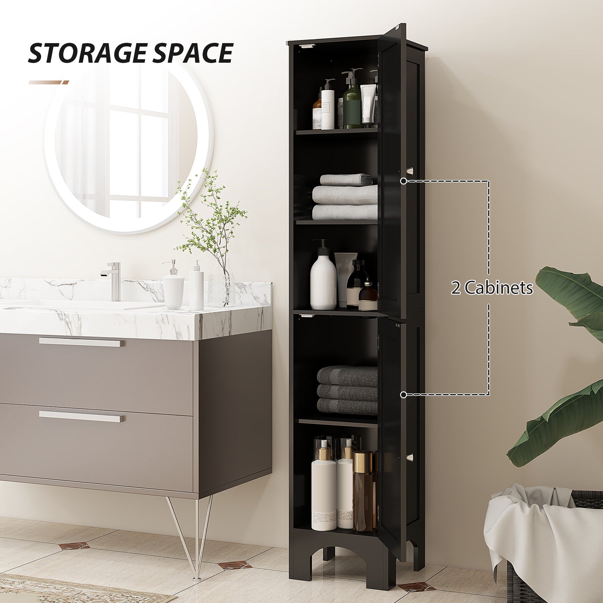 HOMCOM Narrow Tall Bathroom Storage Cabinet Shelves Doors Black 