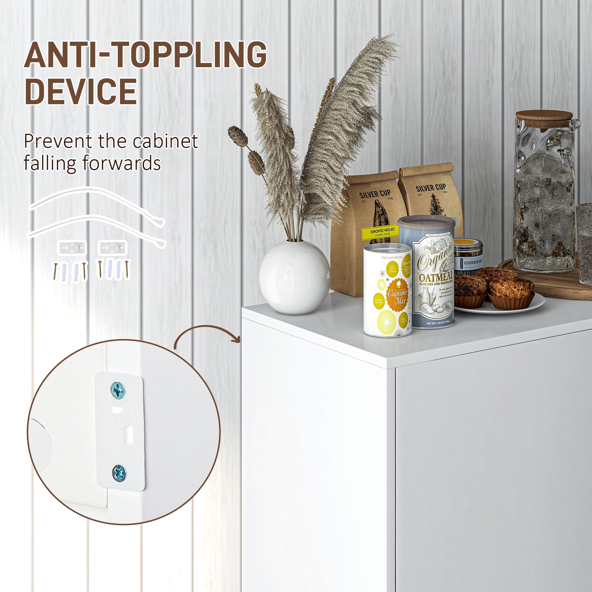 HOMCOM Kitchen Buffet Cabinet Modern Coffee Bar Push-Open Design 2 Drawers Living Room White 