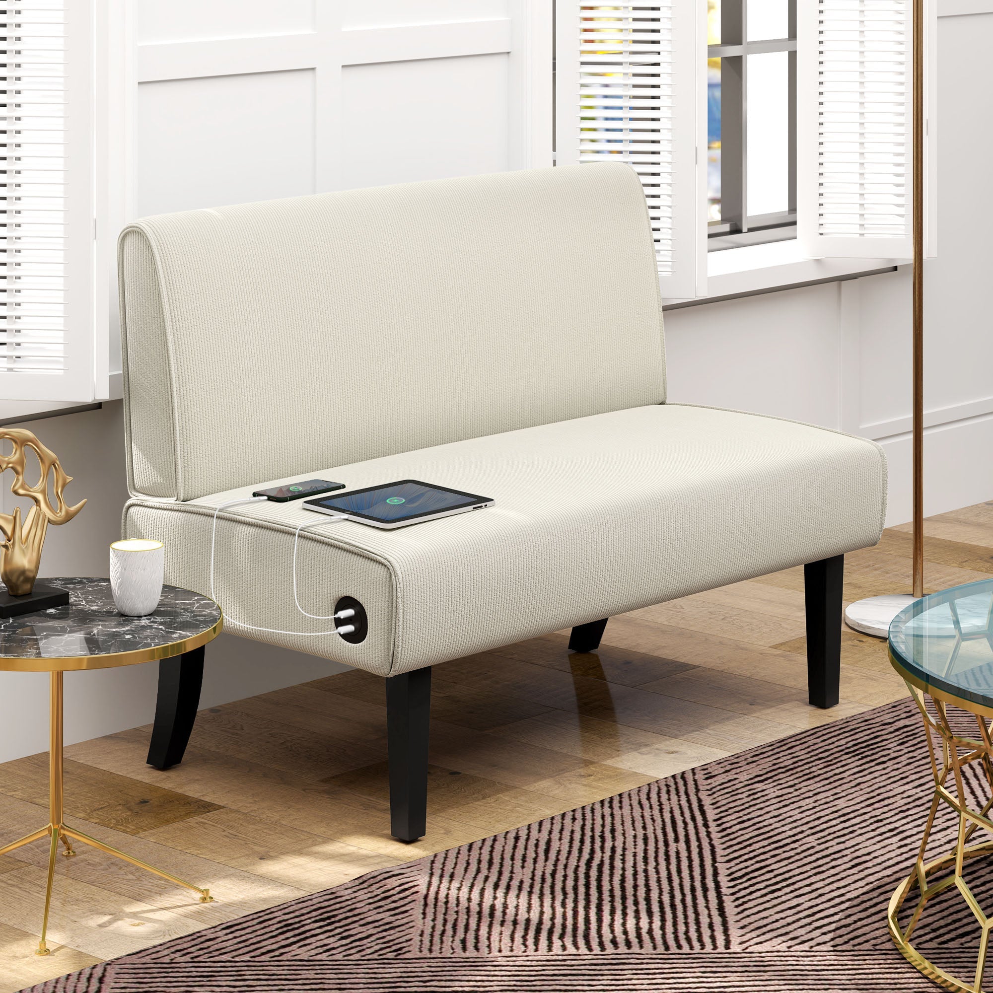 HOMCOM 46.5" Loveseat Couch with USB Ports, Corduroy Love Seat Sofa with Wood Legs for Living Room, Bedroom, Small Space, Cream 