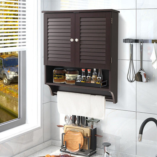 2-Doors Bathroom Wall-Mounted Medicine Cabinet with Towel Bar-Brown - Free Shipping 