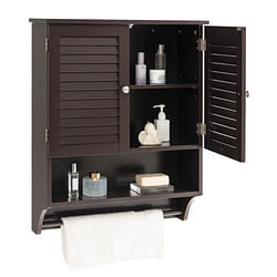 2-Doors Bathroom Wall-Mounted Medicine Cabinet with Towel Bar-Brown - Free Shipping 