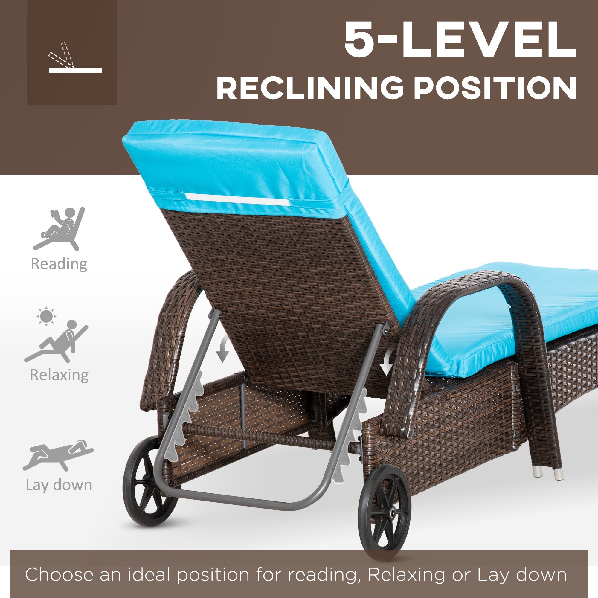 Outsunny 3 Pieces Patio Rattan Lounge Set Wheeled Wicker Chaise Lounge Chair Set Outdoor Reclining Lounger Adjustable Brown Blue 