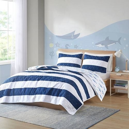 Full/Queen 3 Piece Coastal Reversible Navy Blue White Sharks Cotton Quilt Set - Free Shipping 