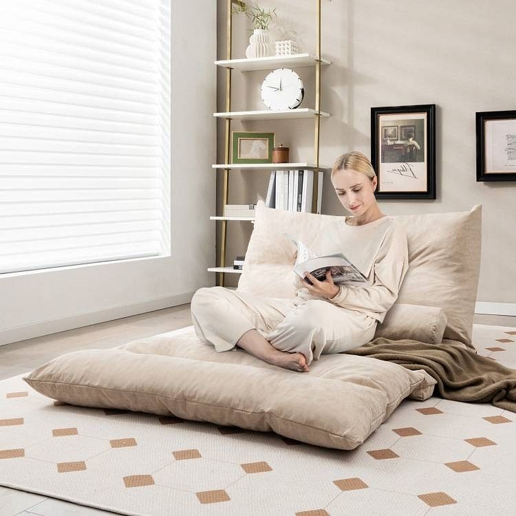 Modern Adjustable Floor Lounge Chair Sofa Bed with 2 Lumbar Pillows in Beige - Free Shipping 