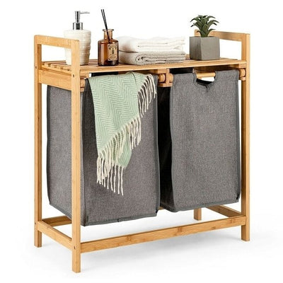 Natural Bamboo 2 Bin Sliding Laundry Hamper with Storage Shelf - Free Shipping 