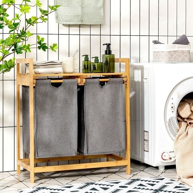 Natural Bamboo 2 Bin Sliding Laundry Hamper with Storage Shelf - Free Shipping