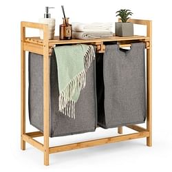 Natural Bamboo 2 Bin Sliding Laundry Hamper with Storage Shelf - Free Shipping