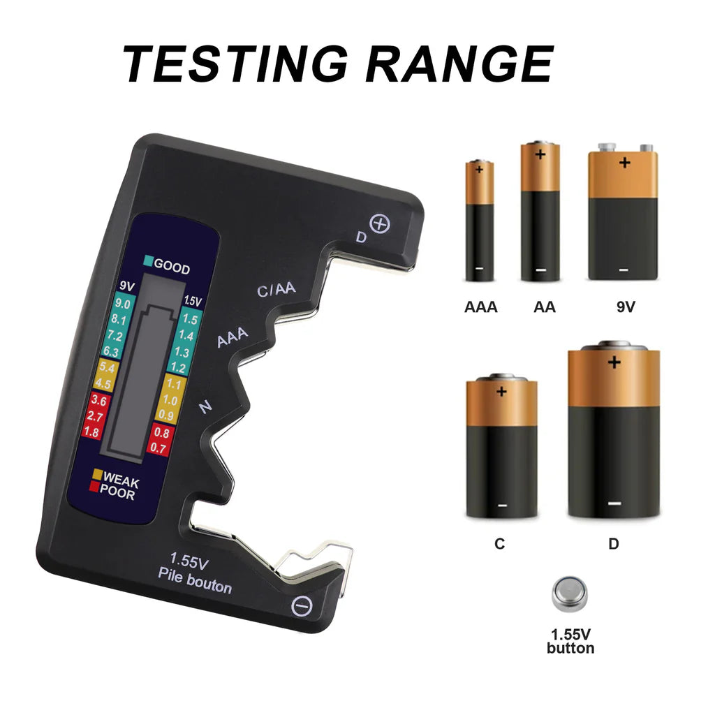 Universal Battery Tester with LCD Display for AA, AAA, C, D, N, 9V & Button Cell Batteries