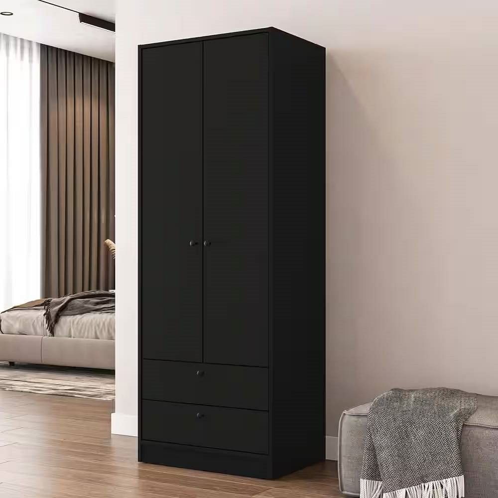 Black 2-Door Bedroom Armoire Wardrobe Cabinet with Hanging Rod and 2-Drawers - Free Shipping