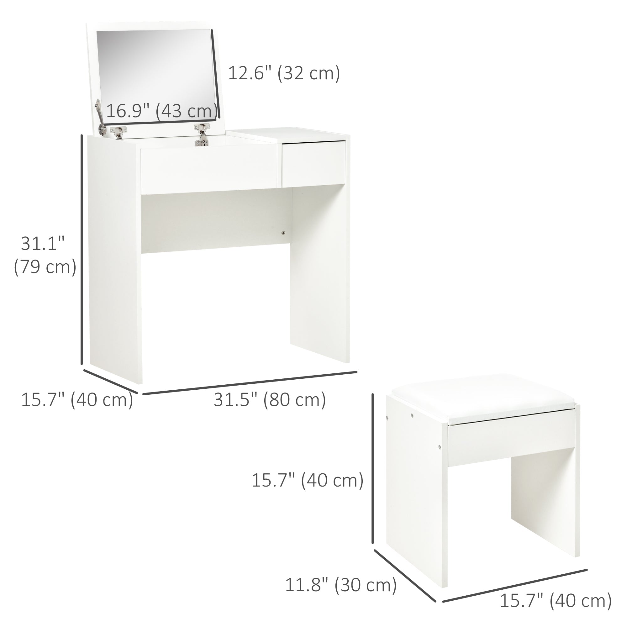 HOMCOM Dressing Table Set with Flip Top Mirror and Cushioned Stool, Makeup Vanity Table Dresser Desk with Drawer and Storage Grids 