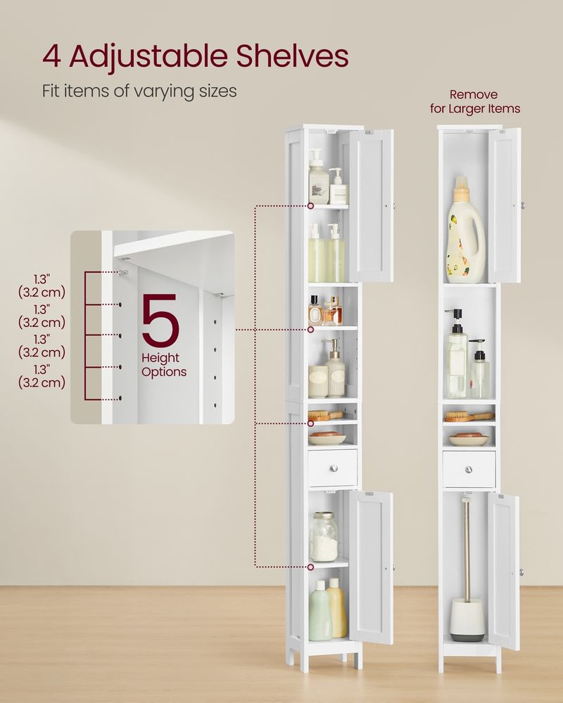 VASAGLE Tall Slim Storage Cabinet with Drawer for Small Spaces – Cloud White