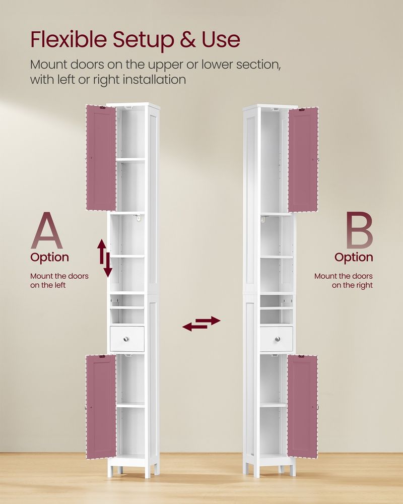 VASAGLE Tall Slim Storage Cabinet with Drawer for Small Spaces – Cloud White