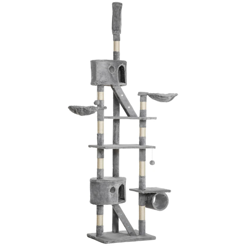 94"-102" Huge Cat Tree Ceiling High Cat Condo Scratching Post Activity Center Multi-Level Play House Light Grey