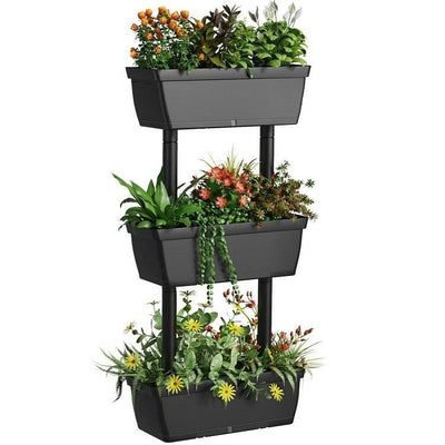 Modern Vertical 3-Tier Indoor Outdoor Black PP Raised Garden Bed Planter Box - Free Shipping 